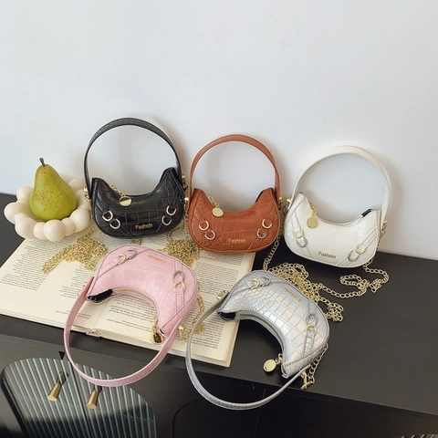 Kids Half Moon Shoulder Bag PU Leather Crocodile Pattern Gold Chain Solid Color Mini Crossbody Handbag For Girls