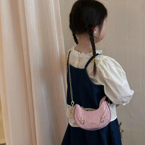 Kids Half Moon Shoulder Bag PU Leather Crocodile Pattern Gold Chain Solid Color Mini Crossbody Handbag For Girls