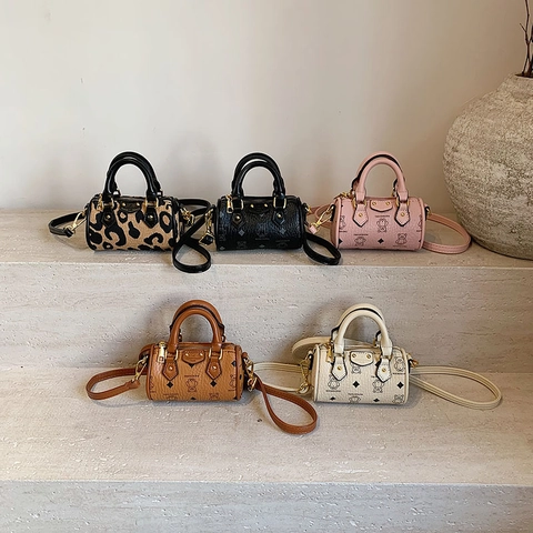 Mini Borsa Bowling Cilindrica Per Bambini Pelle PU Stampa Orso Leopardo Borsa A Mano Tracolla Moda Tracolla Rimovibile