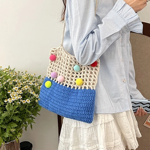 Borsa A Tracolla Lavorata All Uncinetto Con Pompon Colorati Maglia Traforata Grande Capacità Borsa Da Spiaggia Casual Per Donne