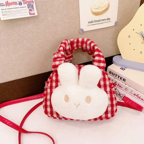 Bolso De Hombro Para Niños Felpa Lana Decoración Conejo Patrón Cuadros Lindo Bolso Bandolera Para Niñas