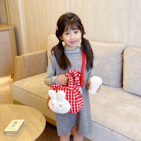 Bolso De Hombro Para Niños Felpa Lana Decoración Conejo Patrón Cuadros Lindo Bolso Bandolera Para Niñas