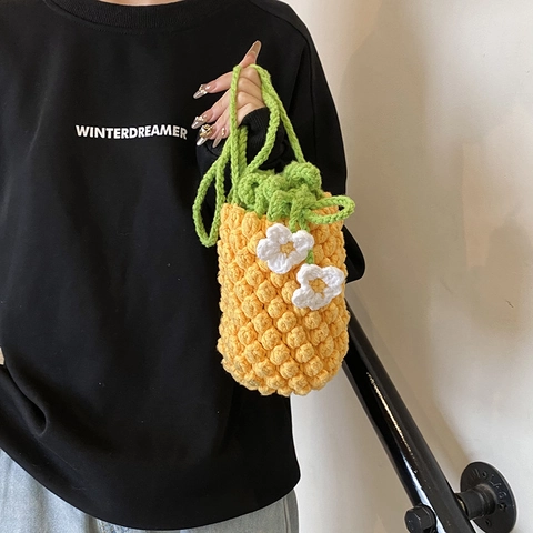 Handgemachte Gehäkelte Ananas Umhängetasche Gestrickte Wolle Eimer Crossbody Tasche Süße Neuheit Frucht Design