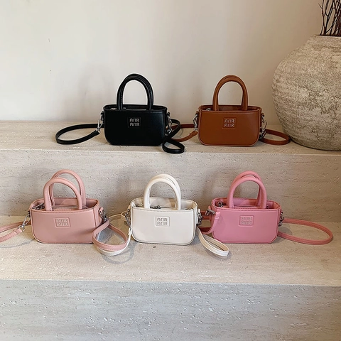 Kids Mini Square Bag PU Leather Letter Embossing Solid Color Versatile Adjustable Strap Korean Fashion Toddlers Handbag