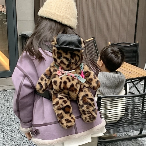 Zaino Per Bambini Orsetto In Peluche Stampa Leopardata Borsa Scuola Animale Moda Viaggio Spallacci Regolabili