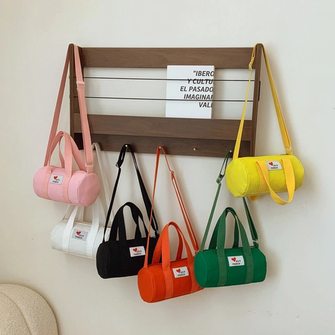 Children Canvas Cylinder Shoulder Bag Heart Patch Adjustable Strap Fashion Casual Handbag For Boys Girls
