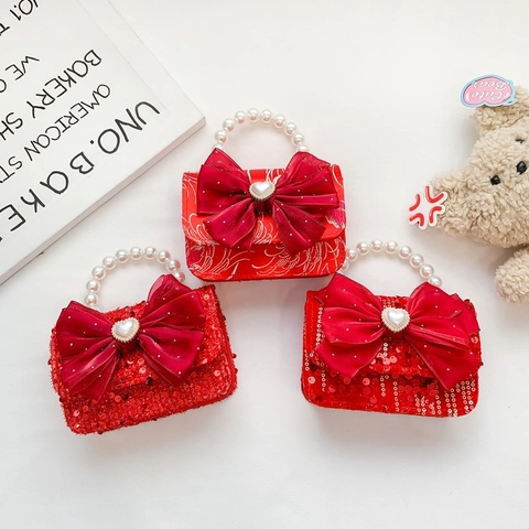 Bolso De Hombro Para Niños Asa De Perla Artificial Lentejuelas Lazo Bolso De Mano Niña Regalo Fiesta Navidad Lindo Mini Bolso
