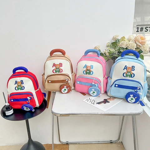 Zaino Bambini Tessuto Oxford Orsetto Cartone Animato Alfabeto ABCD Per Scuola Infanzia Ragazzi Ragazze Con Borsello