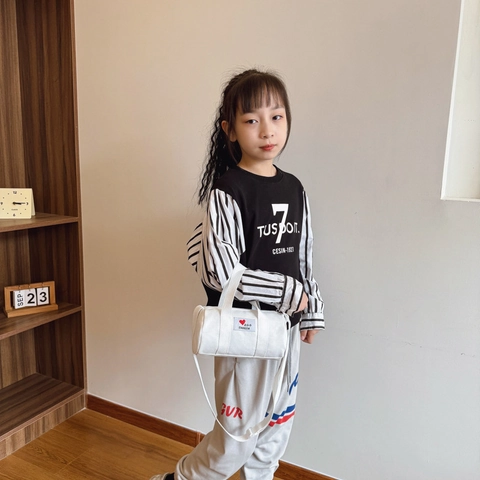 Children Canvas Cylinder Shoulder Bag Heart Patch Adjustable Strap Fashion Casual Handbag For Boys Girls