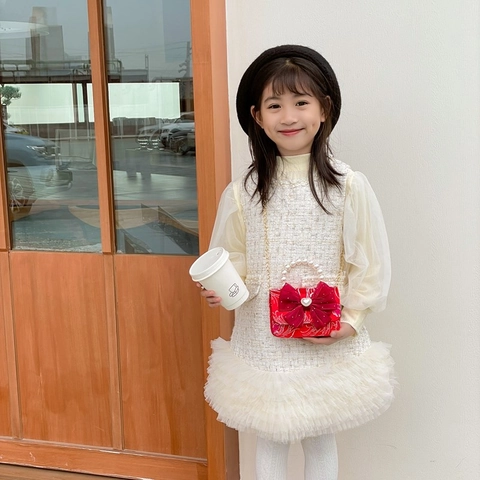 Bolso De Hombro Para Niños Asa De Perla Artificial Lentejuelas Lazo Bolso De Mano Niña Regalo Fiesta Navidad Lindo Mini Bolso