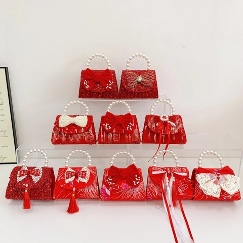 Borsa A Mano Rossa Paillettes Ragazza Borsa A Tracolla Bambini Con Manico In Künstliche Perle Fiocco Nappa Stile Cinese Festivo