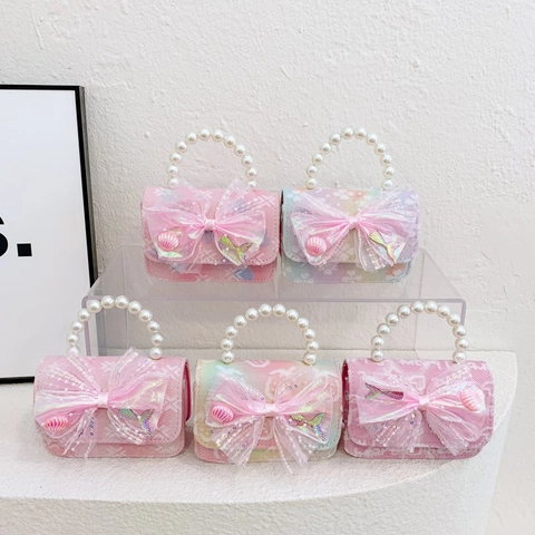 Sac À Bandoulière Filles Cuir PU Poignée Künstliche Perles Chaîne Métal Grand Nœud Dessin Animé Fée Princesse Doux Mini