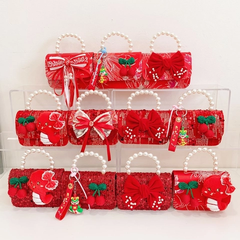Borsa A Tracolla Rossa Festiva Per Ragazze Manico In Perla Artificial Paillettes Raso Fiocco Capodanno Cinese Mini Borsa