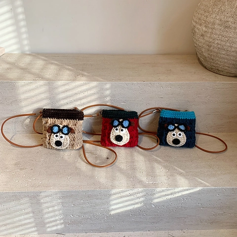 Süße Handgemachte Häkel Umhängetasche Für Kinder Mit Hund Design Gestrickte Kleine Schultertasche Mit Brillen Dekoration