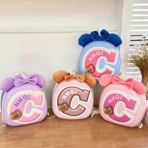 Kids Backpack School Bag Oxford Cloth EVA Hard Shell Bow Cute Cartoon Bear For Kindergarten Boys Girls Lightweight