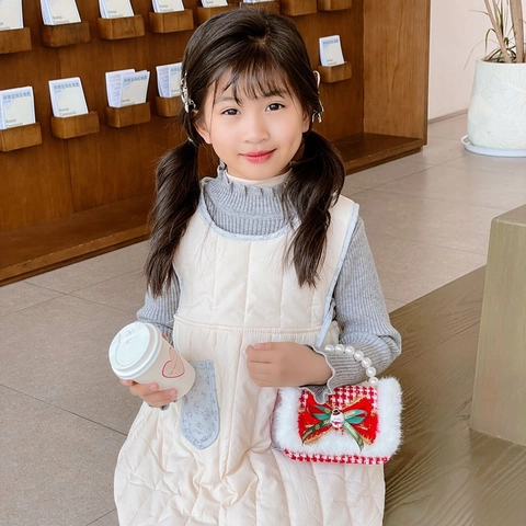 Mini Borsa A Mano Da Ragazza Manico In Künstliche Perle Tweed Pelle PU Fiocco Borsa A Tracolla Rossa Borsa Da Principessa Per Bambini