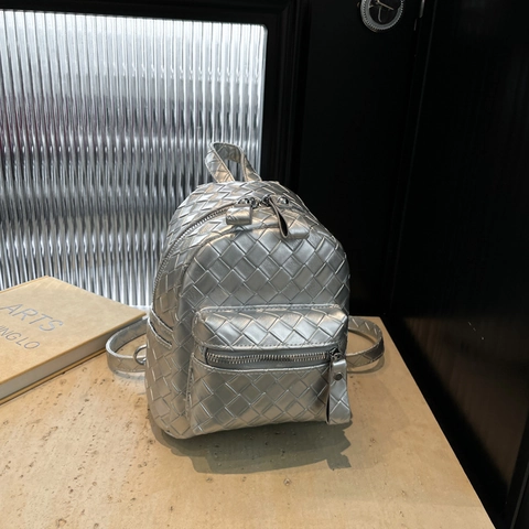 Damen Mini Rucksack Gewebtes PU Leder Metallic Umhängetasche Intrecciato Stil Lässig Mode