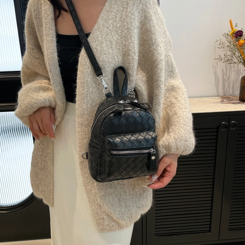 Damen Mini Rucksack Gewebtes PU Leder Metallic Umhängetasche Intrecciato Stil Lässig Mode