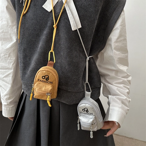 Mini Backpack Shape Coin Purse PU Leather Earphone Pouch With Lanyard Neck Hanging Fashion Small Wallet For Women