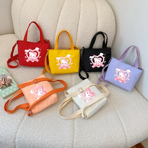 Kinder Umhängetasche Nylon Canvas Cartoon Bär Herz Print Handtasche Verstellbarer Gurt Süße Schultertasche Kleinkinder