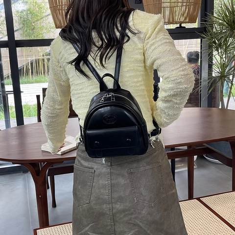 Damen Mini Rucksack PU Leder Einfacher Koreanischer Stil Leichter Reise Kleiner Tasche Mit Vorderer Klappentasche