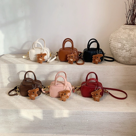 Sac À Main Mini Bowling Pour Enfants En Cuir PU Lettre Gaufrée Sac À Bandoulière Avec Porte-Clés Ours Filles