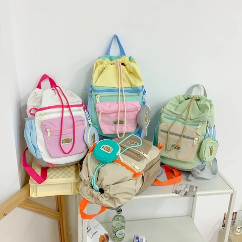 Mochila Con Cordón De Patchwork Para Niños Ligera Gran Capacidad Escuela Viaje Morral Con Mini Bolsa Para Niños Niñas