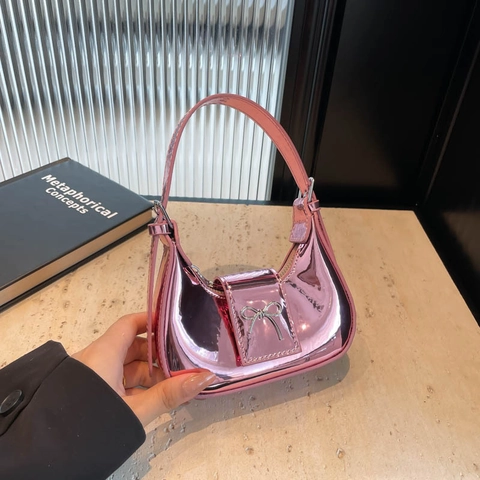Mini Sac À Main Hobo Métallique Pour Femmes Cuir PU Brillant Décor Nœud Papillon Sac Croissant Style Y2K Fermeture Éclair