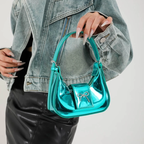 Mini Sac À Main Hobo Métallique Pour Femmes Cuir PU Brillant Décor Nœud Papillon Sac Croissant Style Y2K Fermeture Éclair
