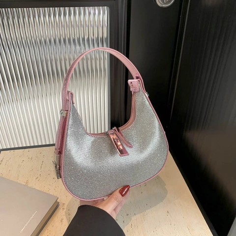 Dames Hobo Tas Met Strass Glitter Halve Maan Oksel Schouder Handtas Metallic PU Leer Feest Avond Trend