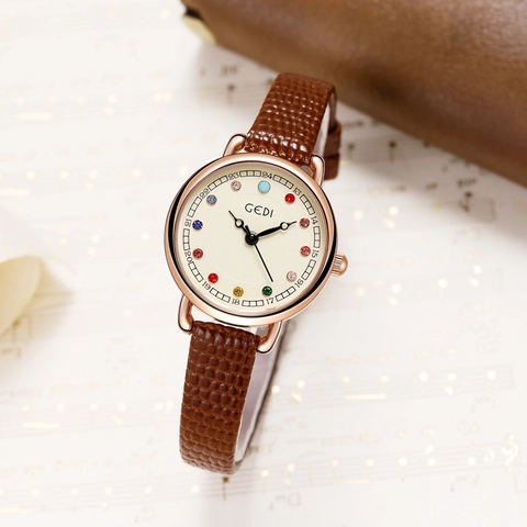 Women Quartz Watch With Colorful Rhinestone Birthstone Time Markers Genuine Leather Strap Retro Elegant Round Dial