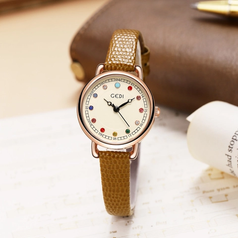Women Quartz Watch With Colorful Rhinestone Birthstone Time Markers Genuine Leather Strap Retro Elegant Round Dial