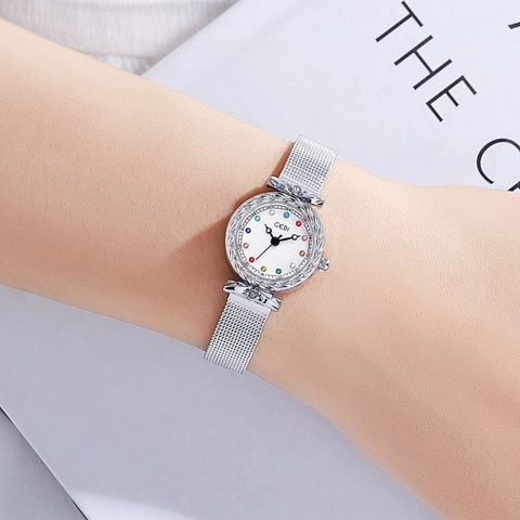Women Fashion Quartz Watch Engraved Case Colorful Rhinestone Hour Markers Stainless Steel Mesh Strap Waterproof Elegant