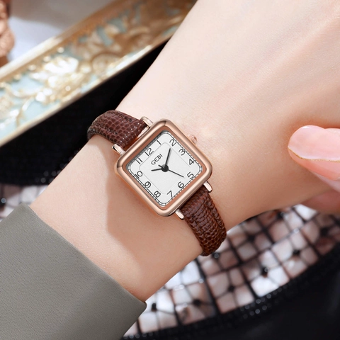 Orologio Al Quarzo Da Donna Quadrante Quadrato Vintage Cassa Oro Rosa Cinturino In Pelle PU Motivo Lucertola Impermeabile