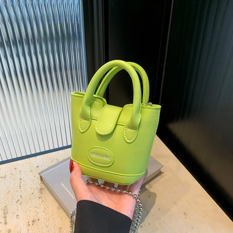 Mini Borsa A Secchiello Da Donna In Pelle PU Grana Lychee Borsa A Mano Con Tracolla A Catena A Sfere Argento Stile Coreano Moda