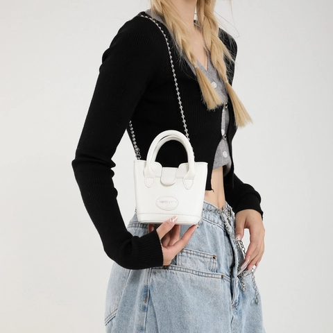 Mini Borsa A Secchiello Da Donna In Pelle PU Grana Lychee Borsa A Mano Con Tracolla A Catena A Sfere Argento Stile Coreano Moda