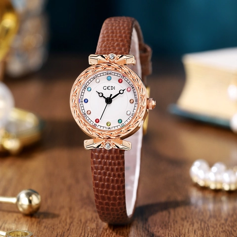 Women Quartz Wristwatch Leather Strap Colorful Crystal Birthstone Markers Waterproof Snake Pattern Carved Bezel Elegant