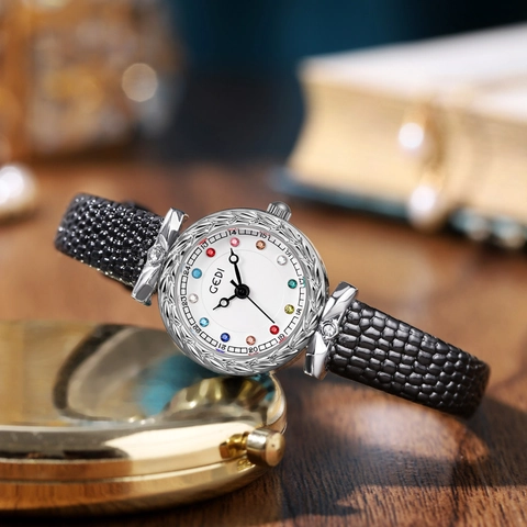 Women Quartz Wristwatch Leather Strap Colorful Crystal Birthstone Markers Waterproof Snake Pattern Carved Bezel Elegant