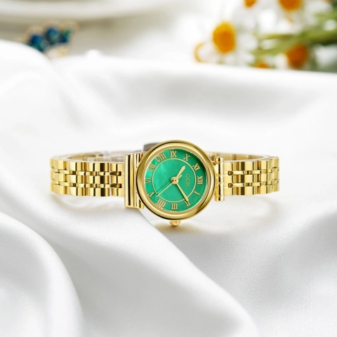 Elegant Women's Quartz Watch With Mother Of Artificial Pearl Dial Roman Numerals Waterproof Alloy Strap Retro Fashion Wristwatch