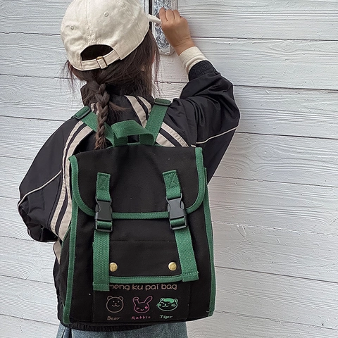 Kinderen Canvas Rugzak Retro Color Block Peuter Schooltas Kleuterschool Koreaanse Stijl Dierenprint Flap Dubbele Gespen
