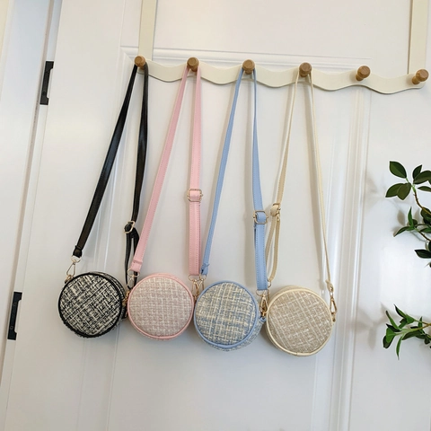 Mini Bolso De Hombro Redondo Para Niñas De Tela De Tweed Bolso Cruzado Con Correa Ajustable Accesorio Elegante