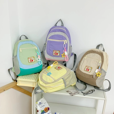 Mochila Para Niños Estilo Japonés Color Contraste Transpirable Ligera Bolsa Escolar Niños Niñas Bordado Parche Estrella Dije