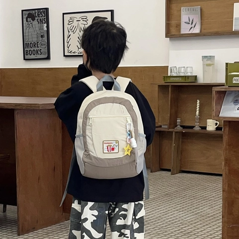 Mochila Para Niños Estilo Japonés Color Contraste Transpirable Ligera Bolsa Escolar Niños Niñas Bordado Parche Estrella Dije