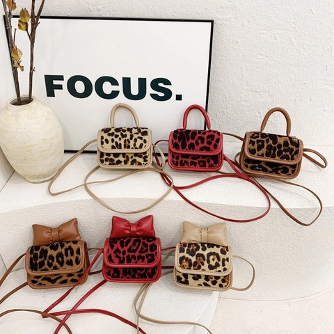 Kinder Umhängetasche Leopard Print Mini Umhängetasche Handtasche Kunstleder Kunstpelz Bogen Dekor Trendy Mode Mädchen