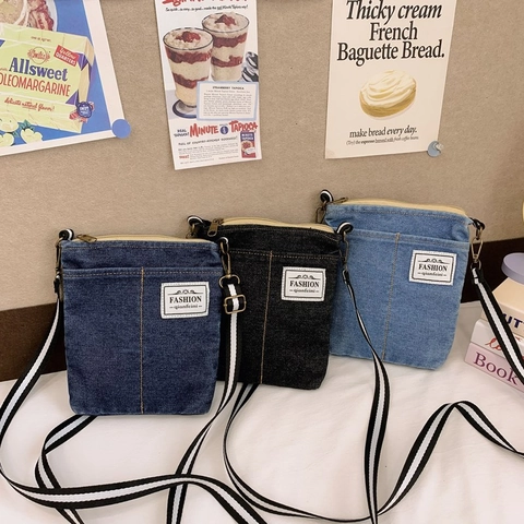 Kids Crossbody Bag Denim Square Shoulder Purse With Letter Patch Striped Strap For Boys Girls