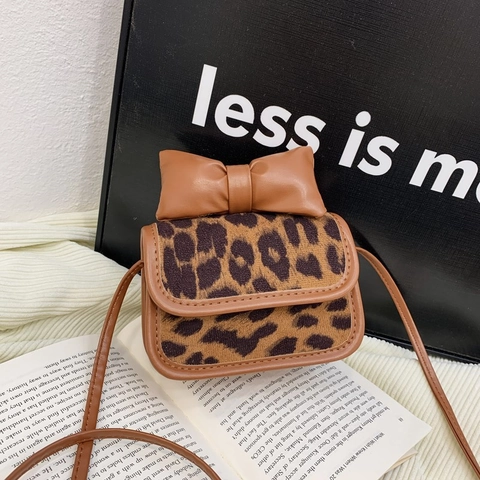 Kinder Umhängetasche Leopard Print Mini Umhängetasche Handtasche Kunstleder Kunstpelz Bogen Dekor Trendy Mode Mädchen