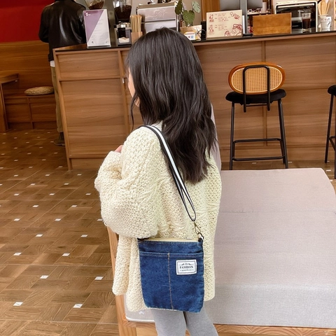 Kids Crossbody Bag Denim Square Shoulder Purse With Letter Patch Striped Strap For Boys Girls
