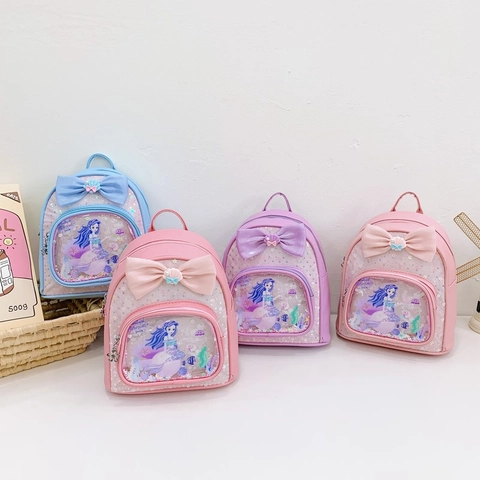 Zainetto Per Bambini Ragazze Fiocco Paillettes Motivo Sirena Trasparente Sabbie Mobili Bambini Mini Cartella Pelle PU