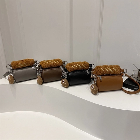 Mini Sac À Bandoulière Cylindre Pour Enfants En Cuir PU Avec Poignée Pain En Peluche Et Charme Biscuit Mode Filles