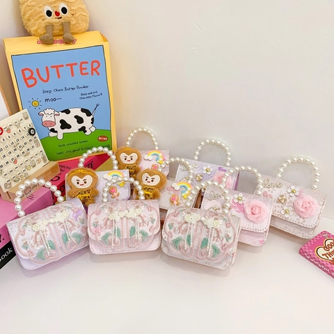 Kids Mini Crossbody Bag Artificial Pearl Handle Sweet Floral Embroidery Cartoon Monkey Handbag Cute Fashion Accessories For Girls